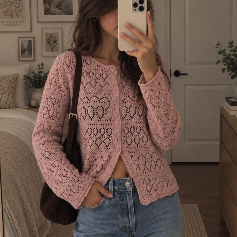 Vintage Passports Pink Pointelle Knit Cardigan Sweater Open Stitch Dainty L